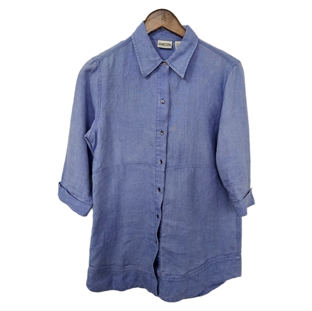 Chico's linen blue 3/4 sleeve button shirt size medium